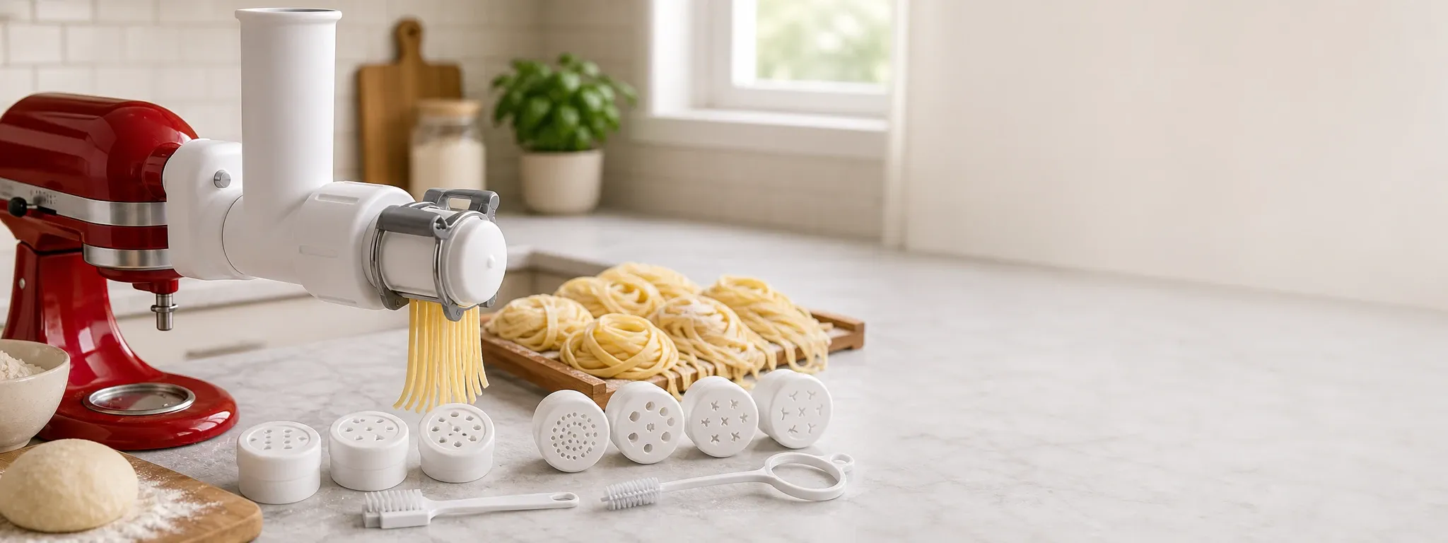 KitchenAid-style stand mixer with a white pasta press attachment extruding fresh pasta, with multiple pasta discs and cleaning tools laid out on a bright kitchen countertop.